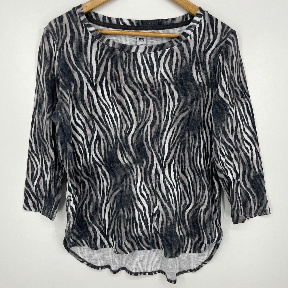 Tommy Bahama Womens Grey White Zebra Animal Print Cotton High Low Top Size M